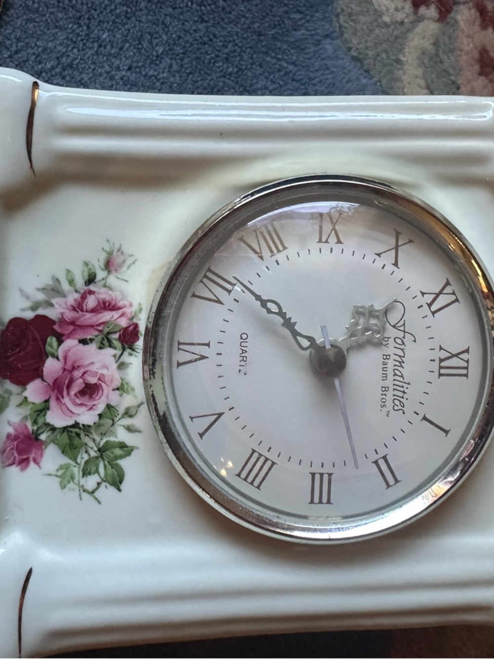 Floral Porcelain Mantel Clock - White with Pink Rose Accents